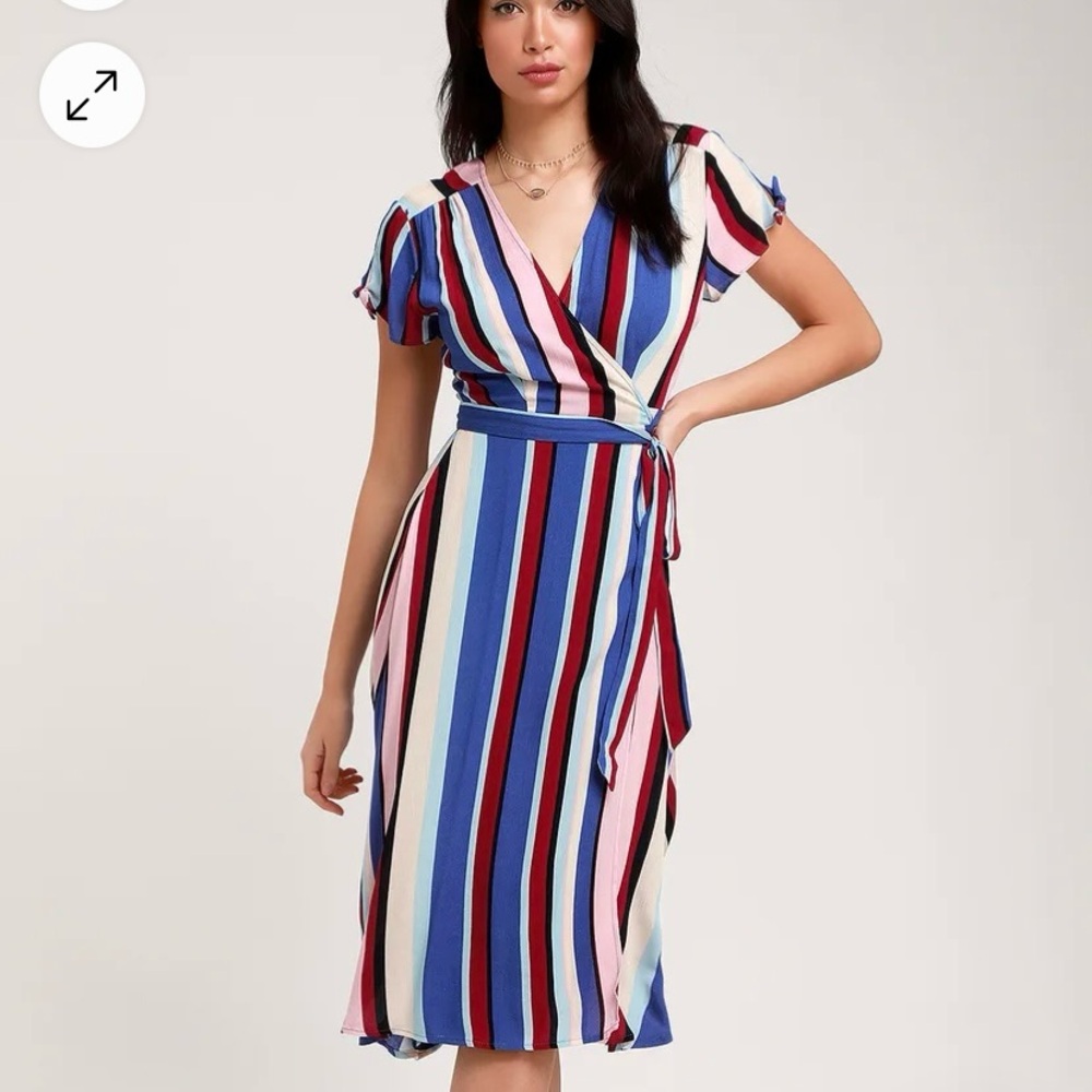 Lulus Gesselie Blue Multi Stripe Midi Wrap Dress